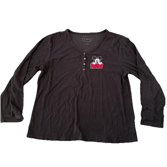 Disney Mickey Mouse Thermal Long Sleeve Top Women’s Size 2x Black V Neck - Picture 1 of 11